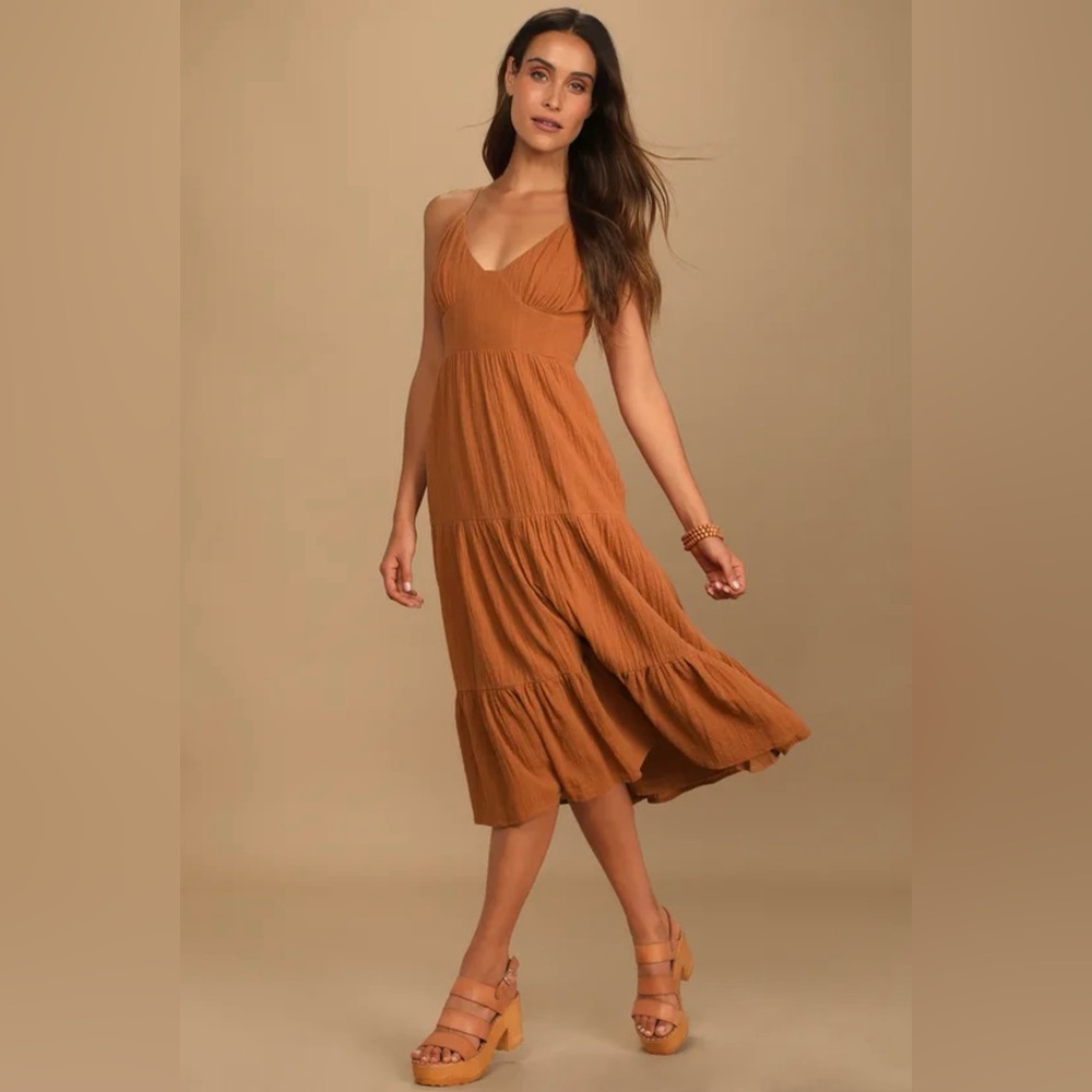 Bliss Abound Rust Brown Tiered Midi Dress